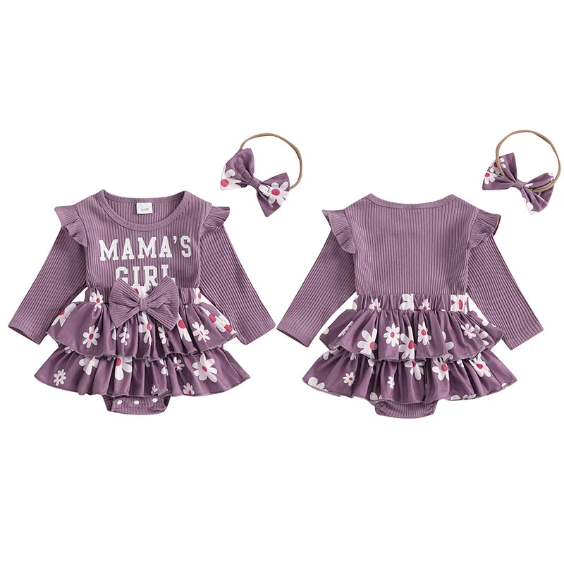 Baby Girl "Mama's Girl" Outfit Set – Cotton Waffle Romper & Matching Bow Headband