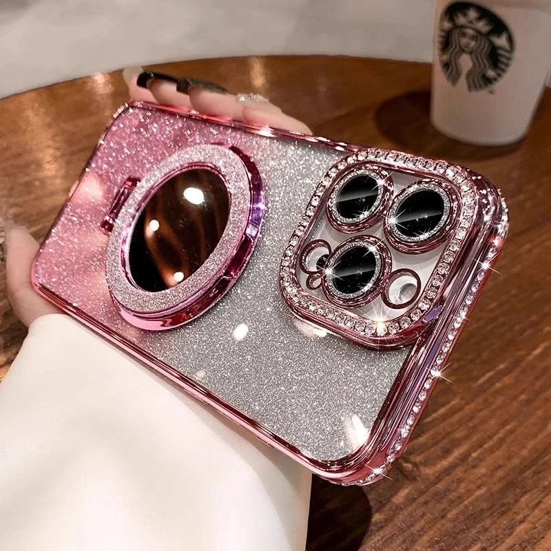 Luxury Jewelled Glitter Mirror Case with Ring Bracket