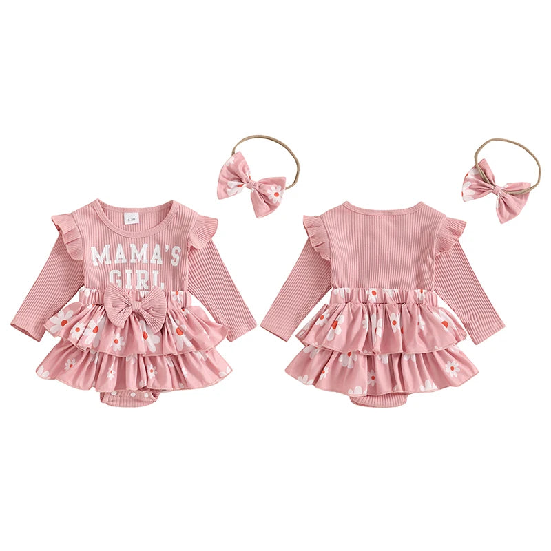 Baby Girl "Mama's Girl" Outfit Set – Cotton Waffle Romper & Matching Bow Headband