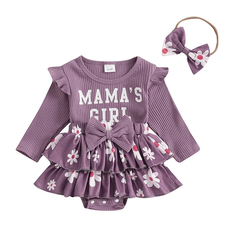 Baby Girl "Mama's Girl" Outfit Set – Cotton Waffle Romper & Matching Bow Headband