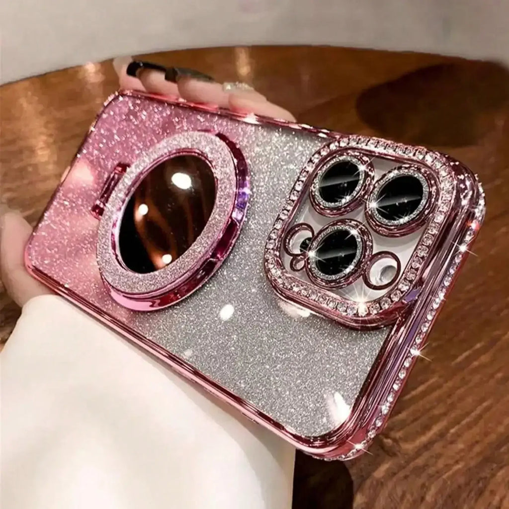 Luxury Jewelled Glitter Mirror Case with Ring Bracket