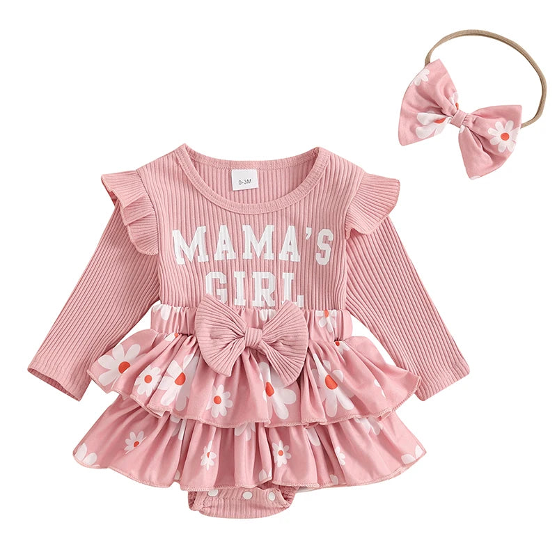 Baby Girl "Mama's Girl" Outfit Set – Cotton Waffle Romper & Matching Bow Headband