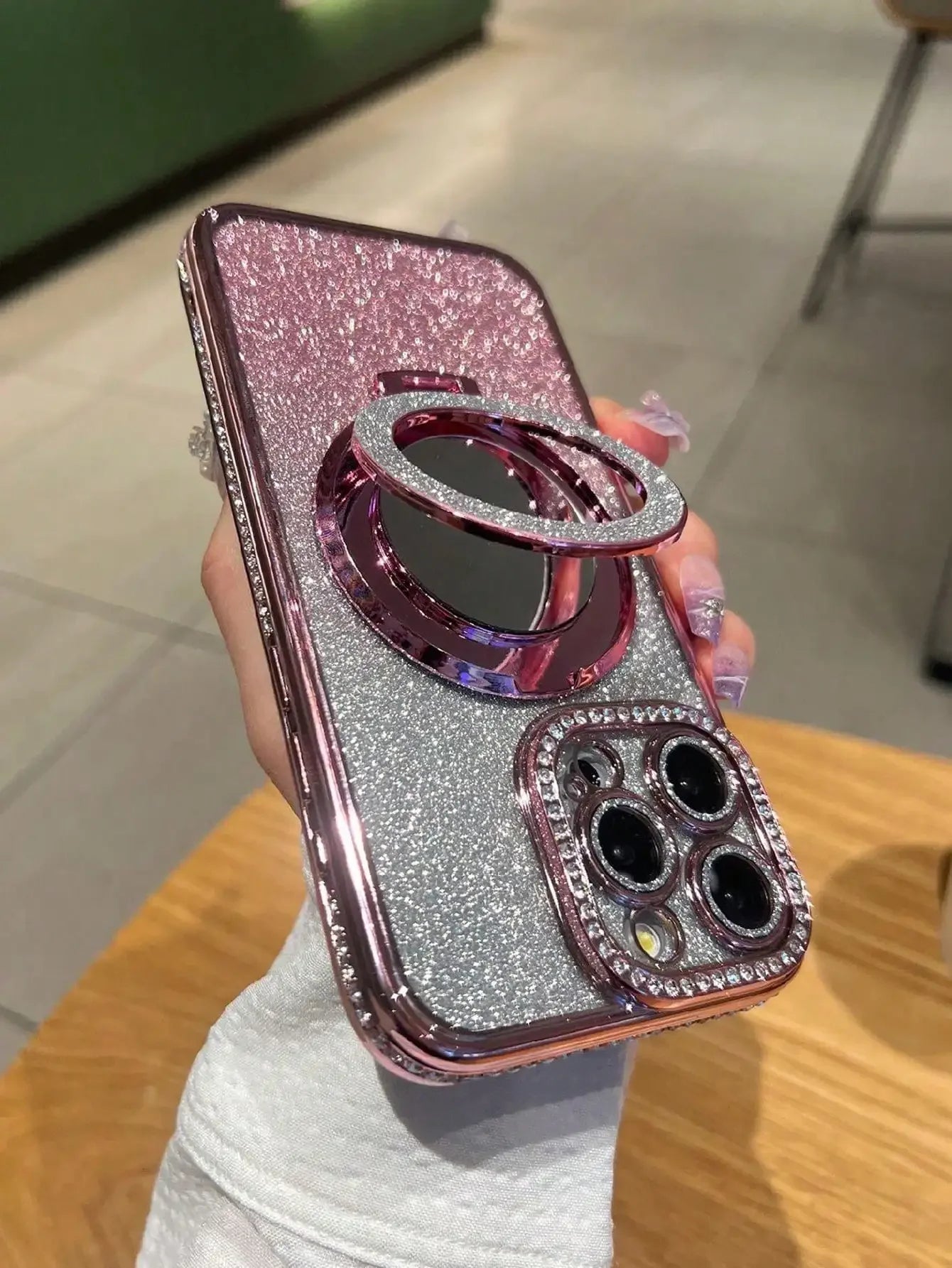 Luxury Jewelled Glitter Mirror Case with Ring Bracket