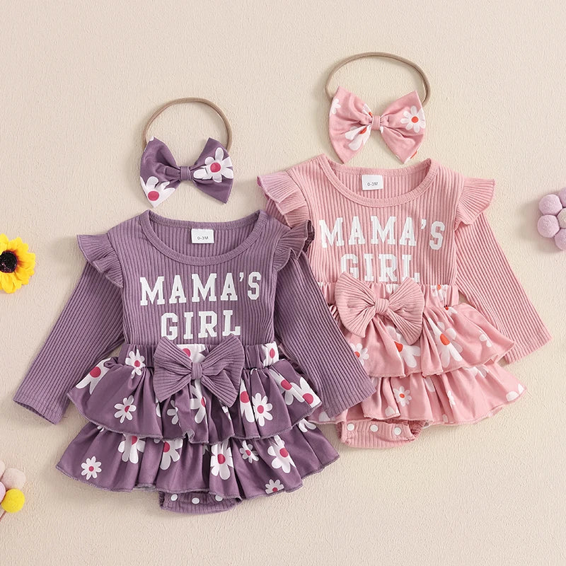 Baby Girl "Mama's Girl" Outfit Set – Cotton Waffle Romper & Matching Bow Headband