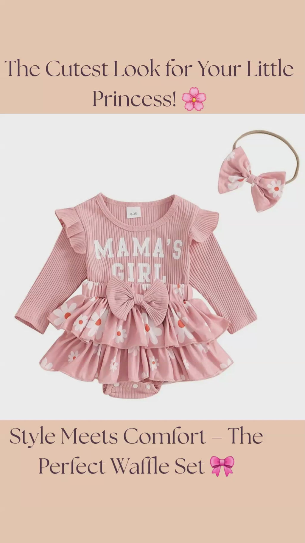 Baby Girl "Mama's Girl" Outfit Set – Cotton Waffle Romper & Matching Bow Headband